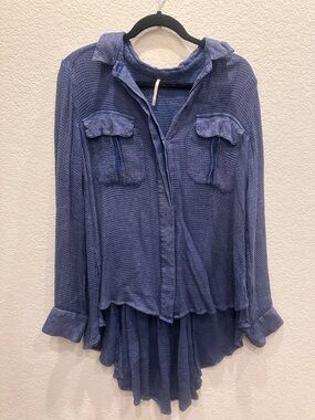 Free People Waffle Knit High-Low Button Front, Tie Back Shirt - Blue